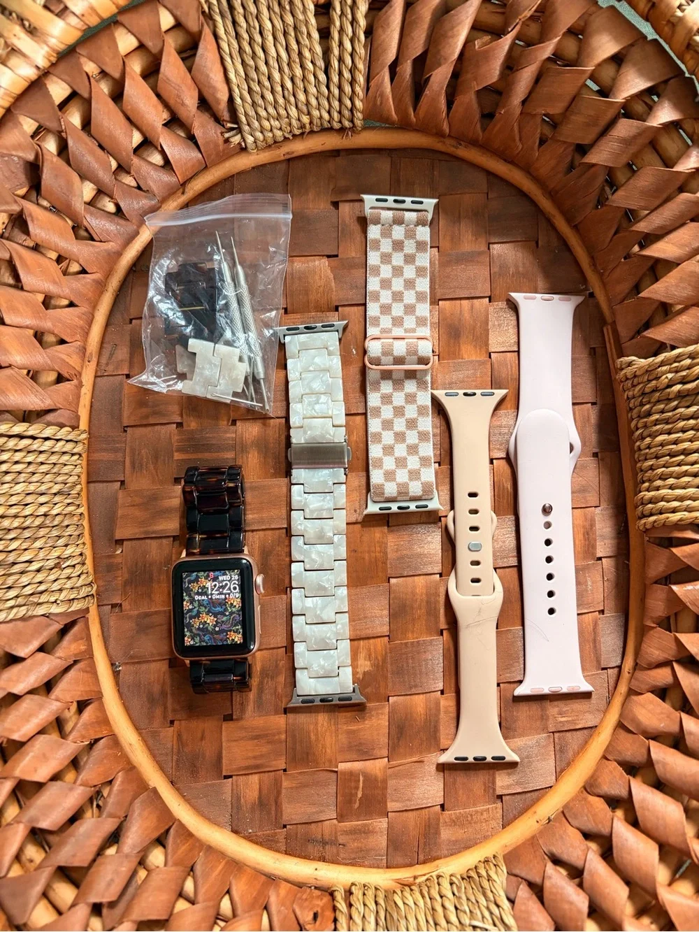 Apple Pink Silicone & Beige Watch Band Bundle for